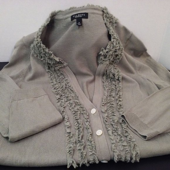 Talbots Silk-Cotton Fine Knit Cardigan Top Ladies sz-Small Fringe V-Neck Sage - Picture 8 of 10